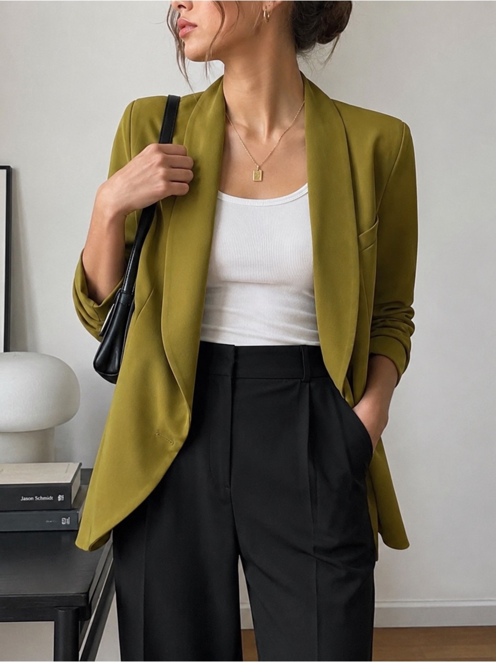 Olive Green Open Front Blazer Size 6 Lightweight Structured Jacket